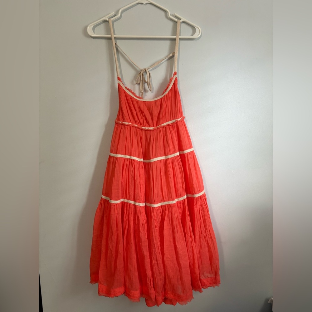 Free People Coral Backless Tiered Maxi Dress with Cream Trim